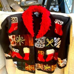 Berek by Takako Sakon VTG vintage Christmas sweater cardigan red blck knit